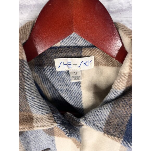 SHE + SKY Women's Brown Blue Plaid Front Button Shacket Small - Picture 2 of 5